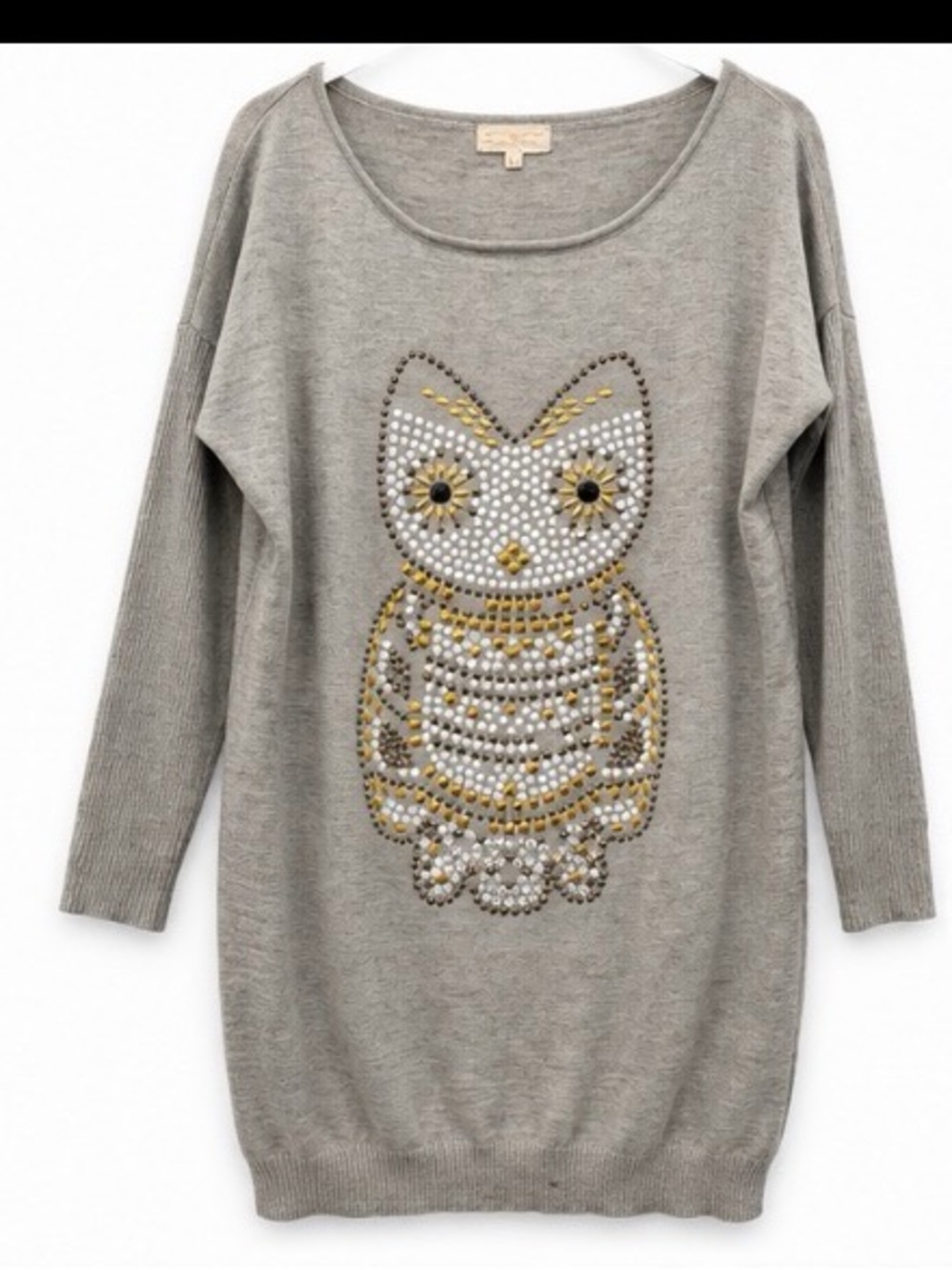 Embellished Owl Crewneck Sweater (Tunic Length) in Gray